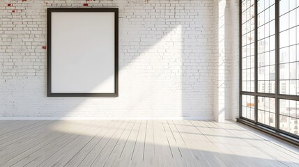 Empty white-colored room with a large brick wall, big frame on the wall, maple floor