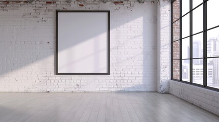 Empty white-colored room with a large brick wall, big frame on the wall, maple floor