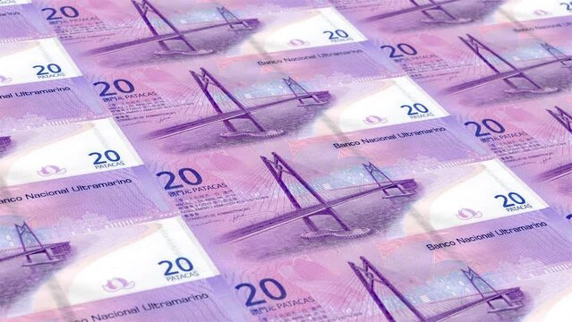 Macau Macao Avos Patacas 20 Banknotes Money Printing House, Printing Twenty Macao Avos Patacas, Printing Press Machine Print out Macao Avos Patacas, Being printed by currency press machine 20