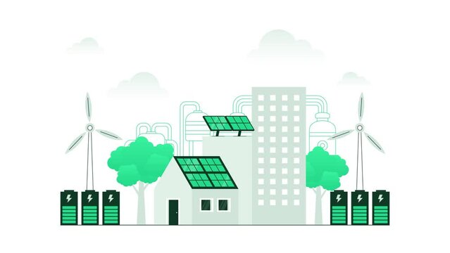 Distributed energy generation concept. Sustainable power from solar panels and wind turbines, stored in central battery for electricity distribution. Motion graphic with minimalist color.