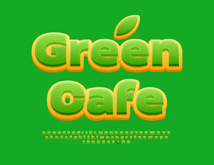 Vector eco template Green Cafe. Cute Alphabet Letters and Numbers set. Bright Creative Font.