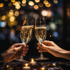 Champagne Celebration: Two Hands Meet in a Luxurious Restaurant Setting