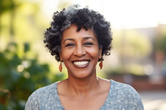 Smiling middle aged african american woman laughing at park.