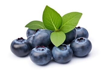 Fresh ripe blueberries with green leaves on a white background with shadow. Healthy organic blueberry, antioxidant