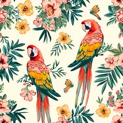 seamless pattern with tropical flower and parrot