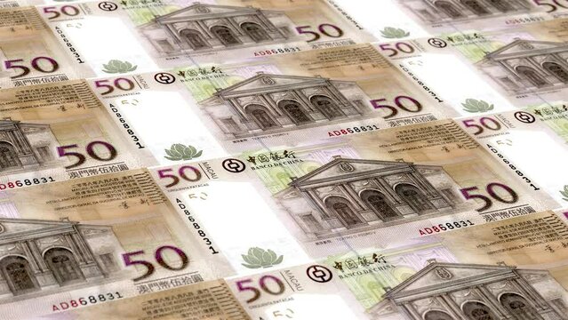 Macau Macao Avos Patacas 50 Banknotes Money Printing House, Printing Fifty Macao Avos Patacas, Printing Press Machine Print out Macao Avos Patacas, Being printed by currency press machine 50