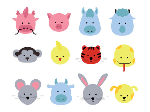 a set of animals of the Chinese zodiac in a flat style, the head of animals from the horoscope. Vector illustration