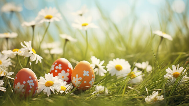 Easter eggs in grass, decorated easter eggs in the grass with daisies. copy space middle on background, Ai generated image