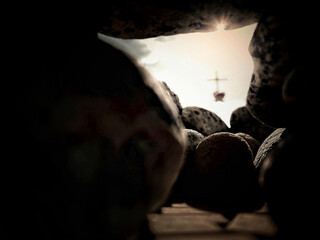 Lent, Holy Week, Easter Sunday, Good Friday Concept - view from inside Jesus Christ empty tomb,...