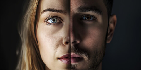 Halbes Gesicht einer Frau und Mann geteilt als Paar oder Vorher und Nachher Nahaufnahme, ai generativ - obrazy, fototapety, plakaty