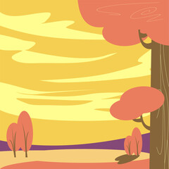 Artistic Autumn: A Beautiful and Creative Landscape Vector with Flat Design. Featuring Mountains, and Forest Elements in a Soft and Pastel Palette. Ideal for Cards, Invitations, and Modern Design