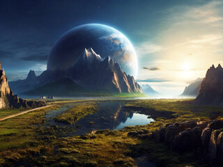 Fantasy alien planet. Mountain and lake. 3D illustration. Created using generative AI tools