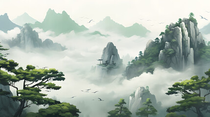 Fantasy landscape with mountains and trees in the mist. 3d illustration
