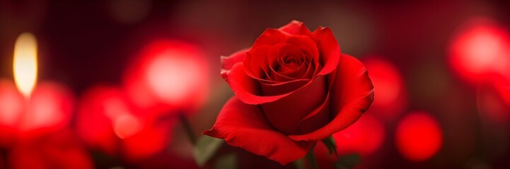 Naklejka premium Red Rose on Dark Background with Lights. Macro Photo of Red Rose Banner. Love Symbol.