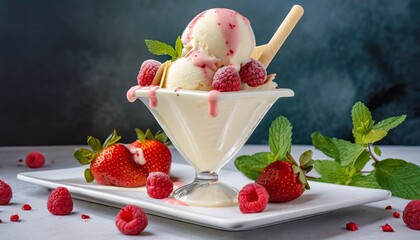 Ice cream with fruits and side dishes