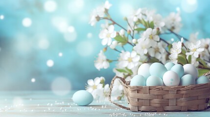 Easter delight: pastel-colored egg-crate, vibrant easter eggs, bokeh, and spring blossom branches on blue background – front view with ample copy space for your design