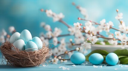 Obraz premium Easter delight: pastel-colored egg-crate, vibrant easter eggs, bokeh, and spring blossom branches on blue background – front view with ample copy space for your design