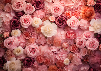 Beautiful pink and white roses background for wedding ceremony or valentine's day