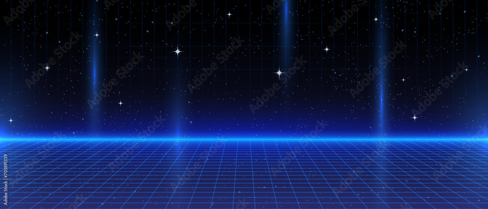 Wall mural 80s retro sci-fi background futuristic grid landscape. digital cyber surface style of the 1980`s. do