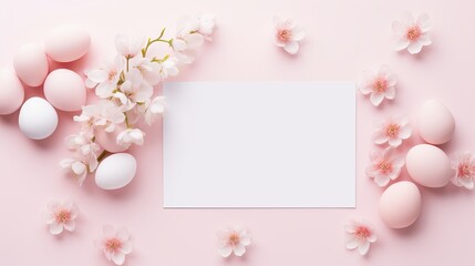 Fototapeta na wymiar Easter delight: copy space on white background, mockup with pink spring flowers, eggs, and heart elements