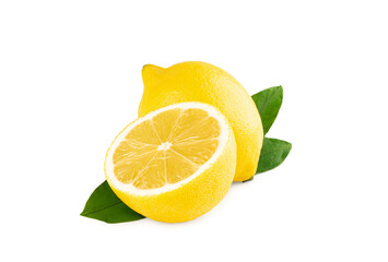 A whole and slise ripe yellow lemon fruit with green leaves, isolated on a white background.