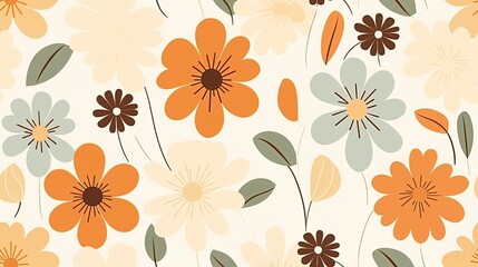 Fototapeta premium seamless pattern. Groovy flowers, hippie aesthetic.Seamless vintage retro pattern with flowers, leaves, twigs and other elements of nature in light beige shades.Psychedelic wallpaper. 