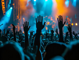 Air hands your put concert crowd dj stage party hand music people festival up entertainment fun event audience silhouette background rock nightlife open group celebration band show - obrazy, fototapety, plakaty