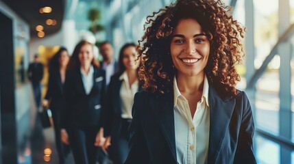 Businesswoman smiling and excited leading the team - obrazy, fototapety, plakaty