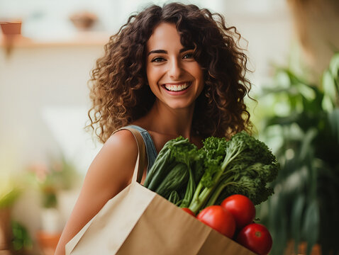 A smiling woman holding a bag filled with nutritious fresh produce