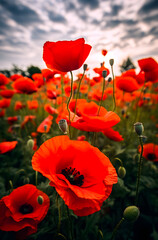Naklejka premium Field of poppies at sunset. Beautiful field of red poppies with selective focus. Red poppies in soft light. Opium poppy.