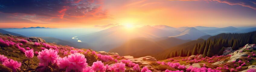 Fototapeta na wymiar Attractive summer sunset with pink rhododendron flowers. Location place Carpathian mountains, Ukraine, Europe. Vibrant photo wallpaper. Image of exotic landscape. Discover the beauty of earth.
