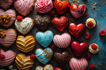 Heart-shaped cookies with playful designs and vibrant colors - obrazy, fototapety, plakaty