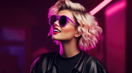 80s Chic, woman in a red leather jacket and sunglasses channels the bold spirit of the 1980s with timeless style