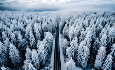 Road with snow-covered trees, aerial view in bright light