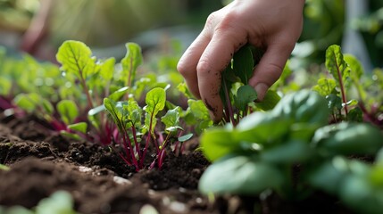 A person gently plants a young green sprout in a well-tended home garden soil, engaging in the nurturing hobby of gardening.