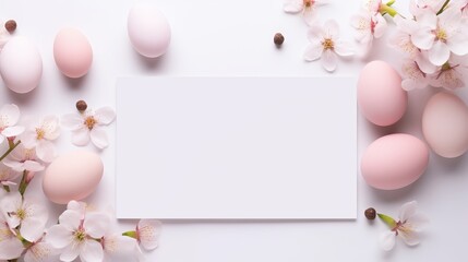Easter greeting card mockup: pastel pink spring blossoms, eggs, and hearts on white background (top view, copy space)