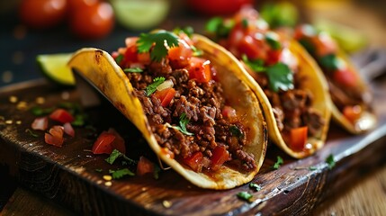 Beef tacos with tomato sauce and salsa from Mexico, close shot, Generative AI. - obrazy, fototapety, plakaty