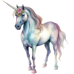 Obraz na płótnie Canvas Pastel rainbow full body unicorn with flower. Fairytale watercolor illustration isolated with a transparent background. Image of a magical creature for girl’s design.
