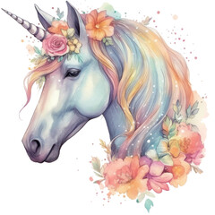 Obraz na płótnie Canvas Pastel rainbow Unicorn with flowers. Fairytale watercolor illustration isolated with a transparent background. Image of a magical creature for girl’s design.
