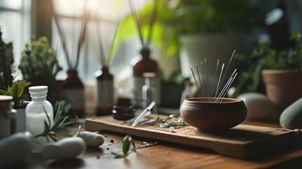 An organized display of various-sized acupuncture needles on a specialized stand, ready for use in traditional Chinese medicine therapy sessions. - obrazy, fototapety, plakaty