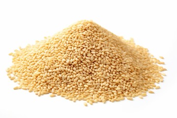 White sesame seeds in a heap, isolated on a white background, ideal for culinary and food concepts