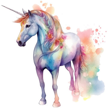 Pastel rainbow full body Unicorn with flowers. Fairytale watercolor illustration isolated with a transparent background. Image of a magical creature for girl’s design.