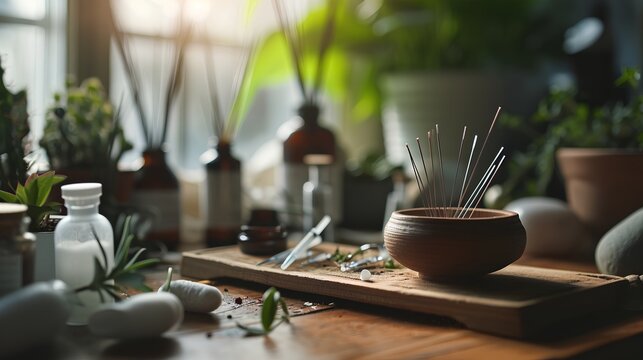 An organized display of various-sized acupuncture needles on a specialized stand, ready for use in traditional Chinese medicine therapy sessions.