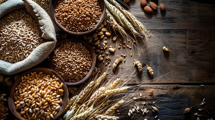 A variety of whole grains including brown rice, quinoa, oats, and barley arranged in bowls, symbolizing a nutritious diet for a healthy lifestyle.