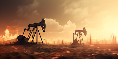 Oil pump rig oil and and gas production,Oil plant and pumping station at sunset,Oil pump oil rig energy industrial machine,Crude Oil pump, Generative AI