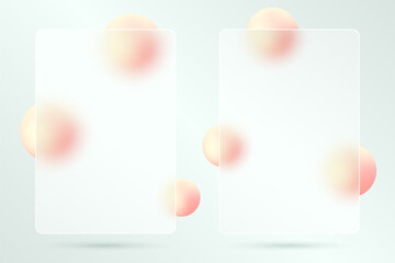 Glass morphism effect. Vertical transparent banners with peach colored spheres. Realistic glass morphism of frosted glass shape.