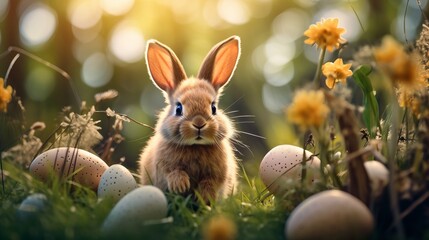 Fototapeta na wymiar Energetic easter bunny delightfully scouring grass for hidden eggs in a festive hunt
