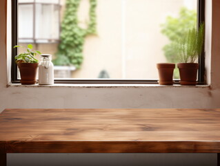 Rustic wooden table with potted plants in the background