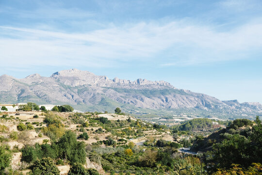 View from beautiful La Nucia town to surrounding mountains and hills. Landscape in Alicante Province, Spain