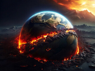 Earth planet burning in flames. Global warming concept. 3D rendering. Earth planet burning in flames. Created using generative AI tools